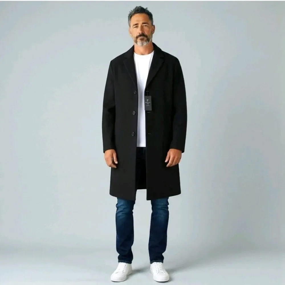 NWT Mens Wool Blend Black Long Length Big Tall Overcoat Coat By Shaquille Oneal